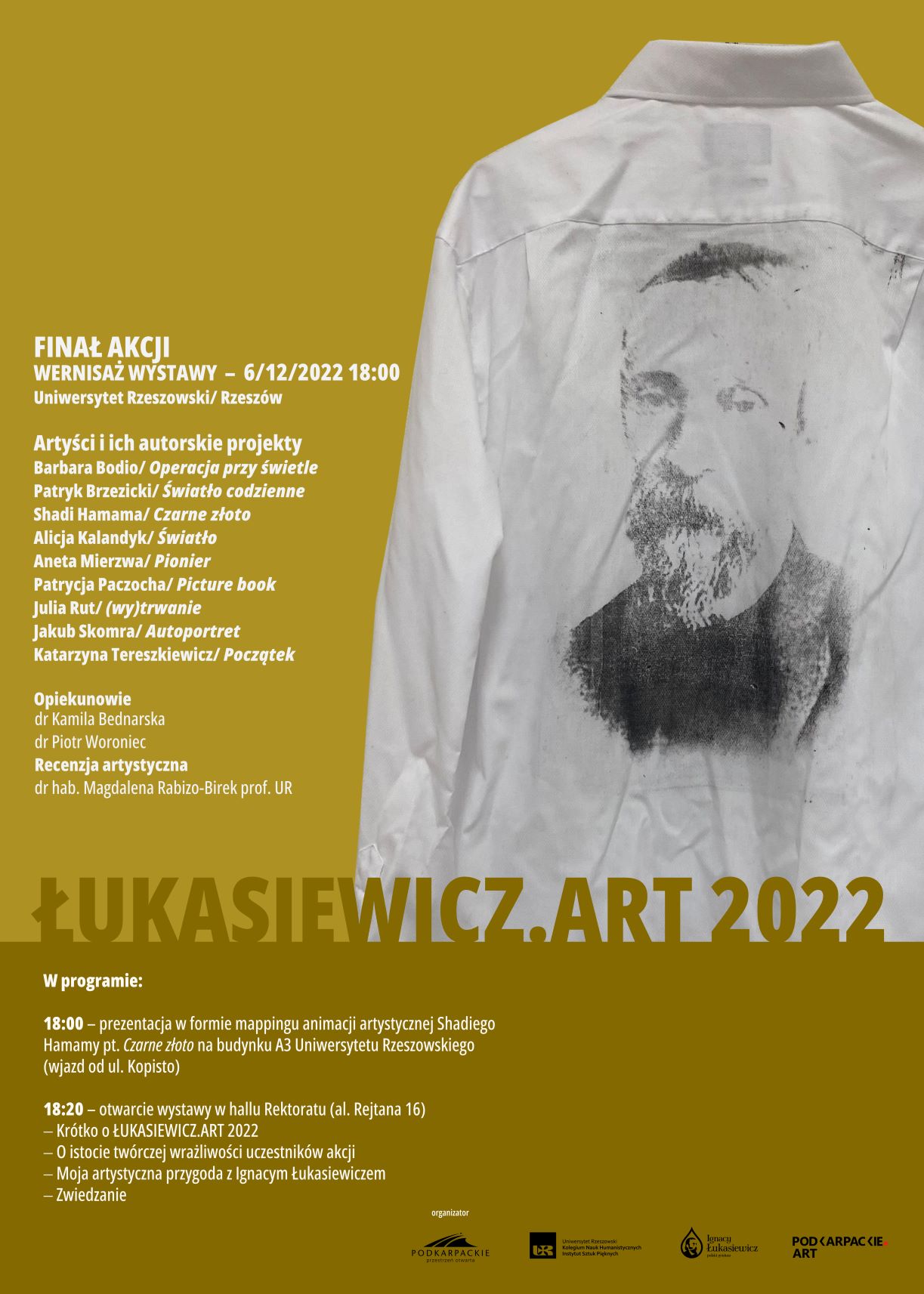 Afisz przedstawiający jedną z prac półpiersie Ignacego Łukasiewicza na białej koszuli